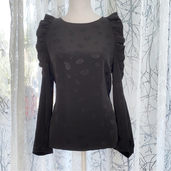 MAJE LOYD BLACK PAISLEY PRINT RUFFLE COLD SHOULDER LONG SLEEVE BLOUSE top - Picture 2 of 11
